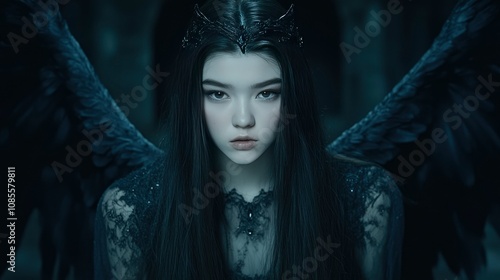 Dark Angel Mysterious Woman with Black Wings and Crown