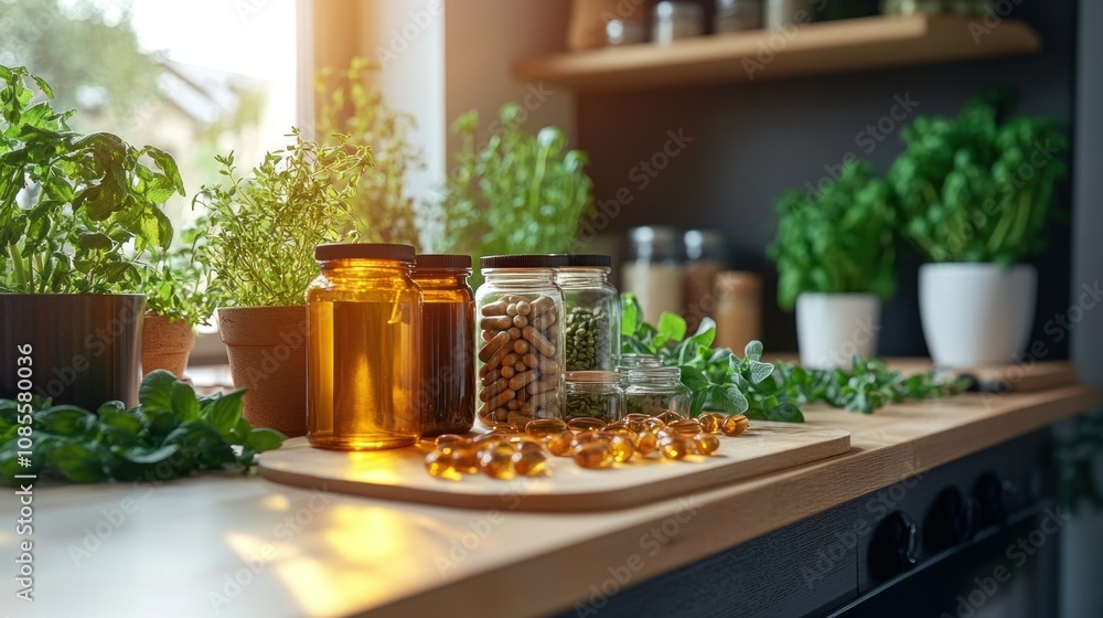 Herbal ingredients and oils in a sunny kitchen. Herbal ingredients and oils in a sunny kitchen.