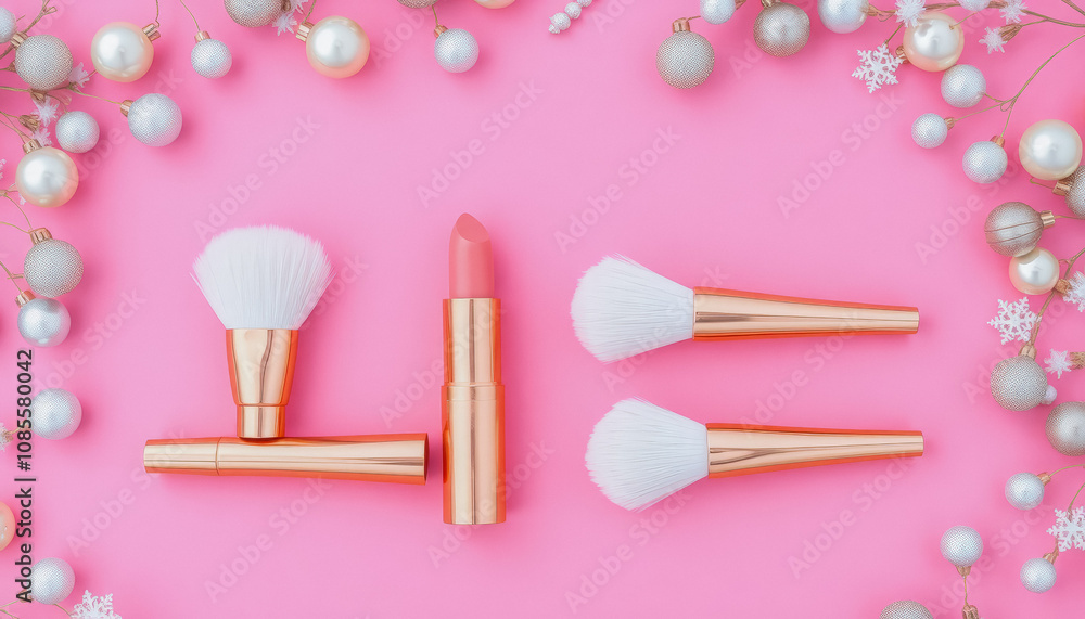 Colorful Makeup Brushes on Sparkling Pink Background. Colorful Makeup Brushes on Sparkling Pink Background.