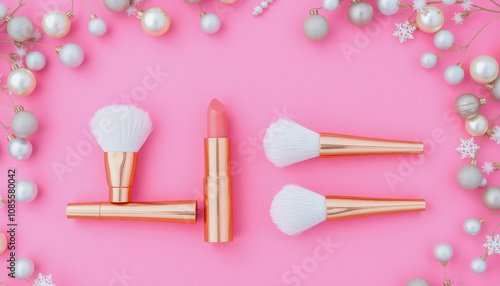 Colorful Makeup Brushes on Sparkling Pink Background.