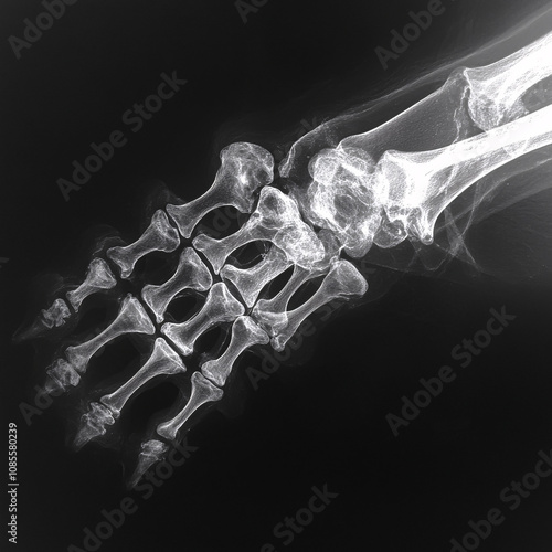 X-ray of the hallux metatarsophalangeal joint's MTP1 bone block distraction arthrodesis following resection arthroplasty AI generated. photo