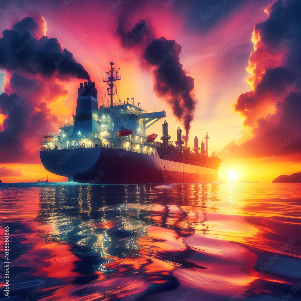 Diesel powered ship at sunset concept as A dramatic shot of a diesel powered cargo ship sailing at sunset with glossy water reflections and vibrant sky hues. in Photo Stock Concept Diesel powered ship at sunset concept as A dramatic shot of a diesel powered cargo ship sailing at sunset with glossy water reflections and vibrant sky hues. in Photo Stock Concept