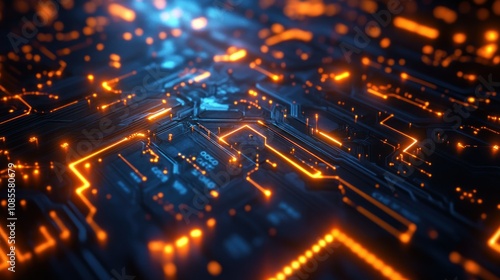 Abstract circuit board with glowing connections.