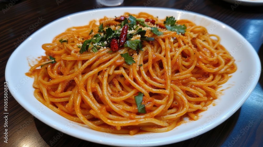 Delicious Plate of Spaghetti with Red Sauce Garnished with Herbs and Spices on a Wooden Table, Perfect for Italian Cuisine Lovers and Food Photography Delicious Plate of Spaghetti with Red Sauce Garnished with Herbs and Spices on a Wooden Table, Perfect for Italian Cuisine Lovers and Food Photography