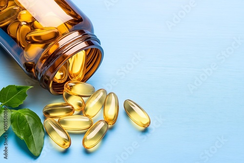 Fish oil capsules spilling from amber bottle on wooden surface with green leaves photo