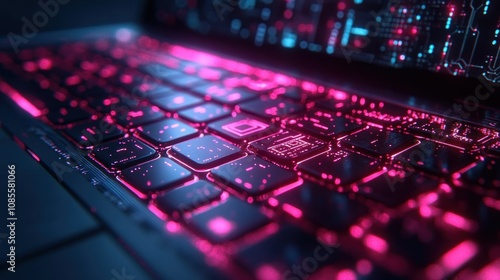 Futuristic keyboard with glowing pink lights.