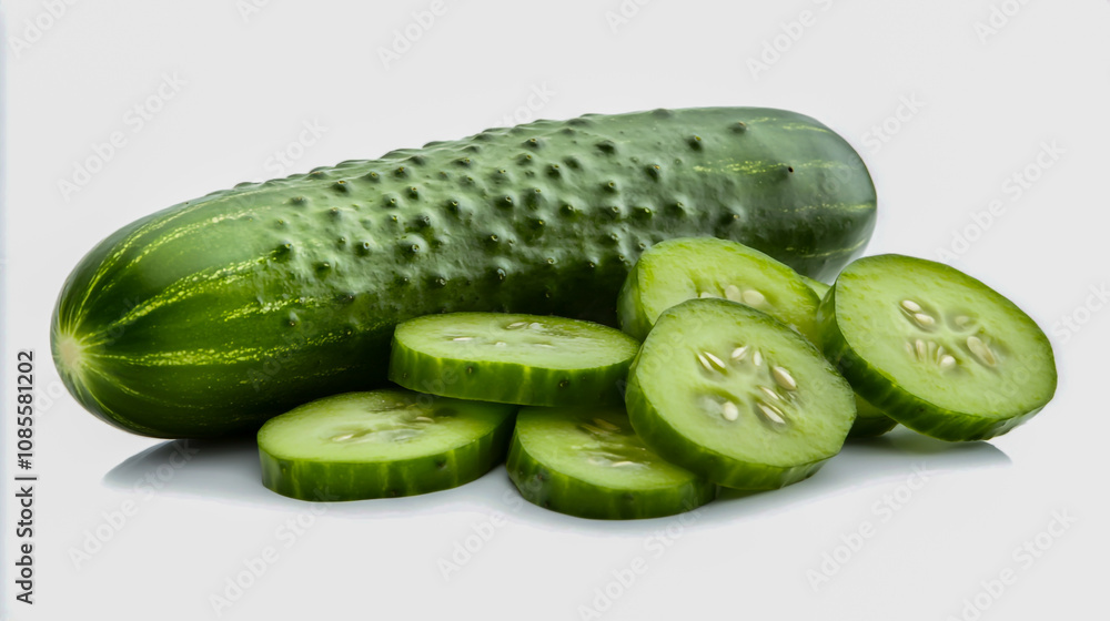 Fresh, ripe cucumber isolated on a white background, showcasing its vibrant green color and smooth texture Fresh, ripe cucumber isolated on a white background, showcasing its vibrant green color and smooth texture