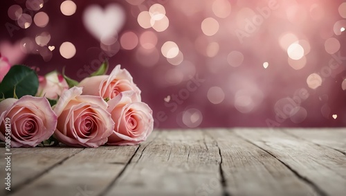 Valentine's day background with pink roses and heart shapes. Copy space