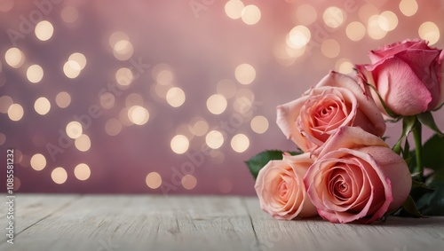 Valentine's day background with pink roses and heart shapes. Copy space