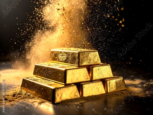 A Captivating Burst of Gold Bars and Dust Symbolizing Wealth, Prosperity, and Abundance - A Dynamic Display of Financial Success and Luxury in Food Photography