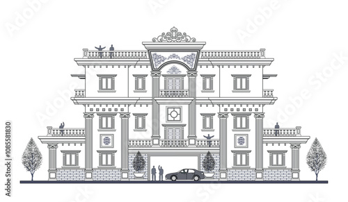 Facade of 3 storeys symmetrical modern classic building with 2 doors, 13 windows, long balustrade, frame, 8 columns, canopy, crown, balcony, gate and curve wall element.