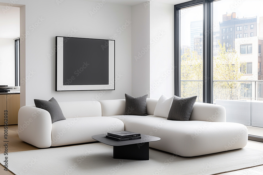 White couch with black pillows sits in front of a black coffee table. A black framed picture hangs on the wall White couch with black pillows sits in front of a black coffee table. A black framed picture hangs on the wall