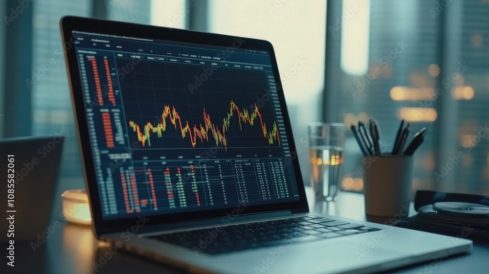 Modern Workspace with Laptop Displaying Financial Data and Graphs, Candle Stick Chart, Glass of Water, and Office Supplies in a Bright City Environment Modern Workspace with Laptop Displaying Financial Data and Graphs, Candle Stick Chart, Glass of Water, and Office Supplies in a Bright City Environment