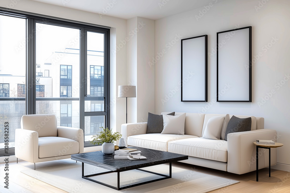 Living room with a white couch and a black coffee table. There is a chair and a potted plant in the room Living room with a white couch and a black coffee table. There is a chair and a potted plant in the room