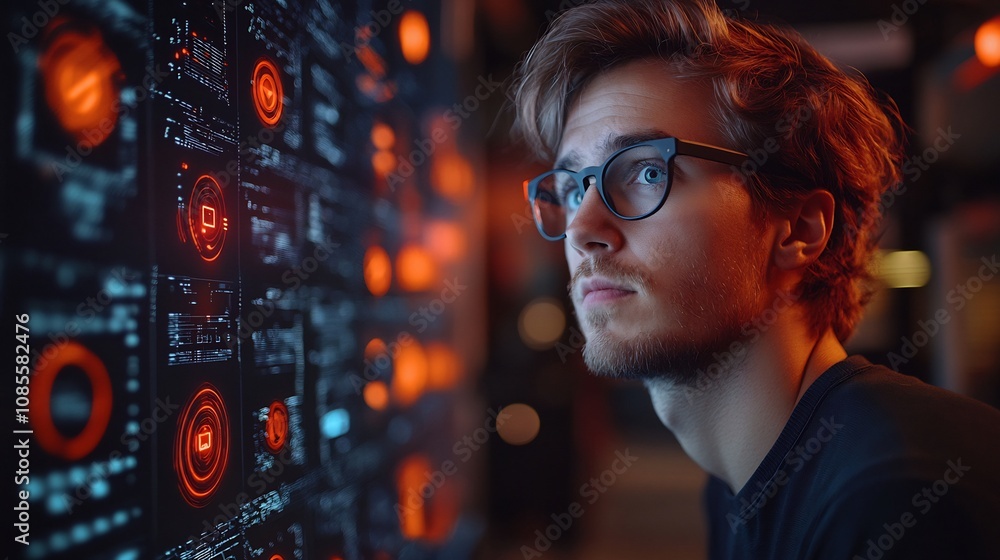 Security Expert Analyzing Threats Interactive screens depicting encrypted protocols glowing shields robust network defenses Security Expert Analyzing Threats Interactive screens depicting encrypted protocols glowing shields robust network defenses