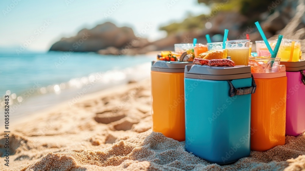 Colorful drinks on the beach in vibrant containers. Colorful drinks on the beach in vibrant containers.