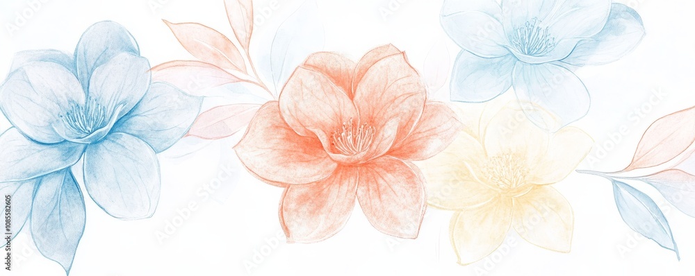 Fototapeta premium Winter boho pattern of frost-kissed camellias, light watercolor wash, isolated on white background