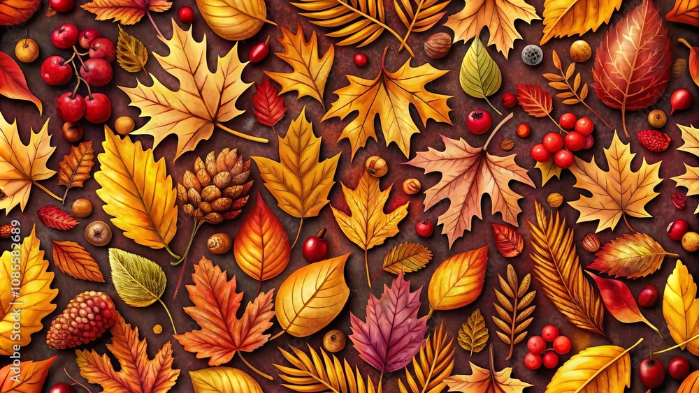 Fototapeta premium A vibrant tapestry of autumn leaves, berries, and pinecones, showcasing the diverse beauty of nature's seasonal transformation.