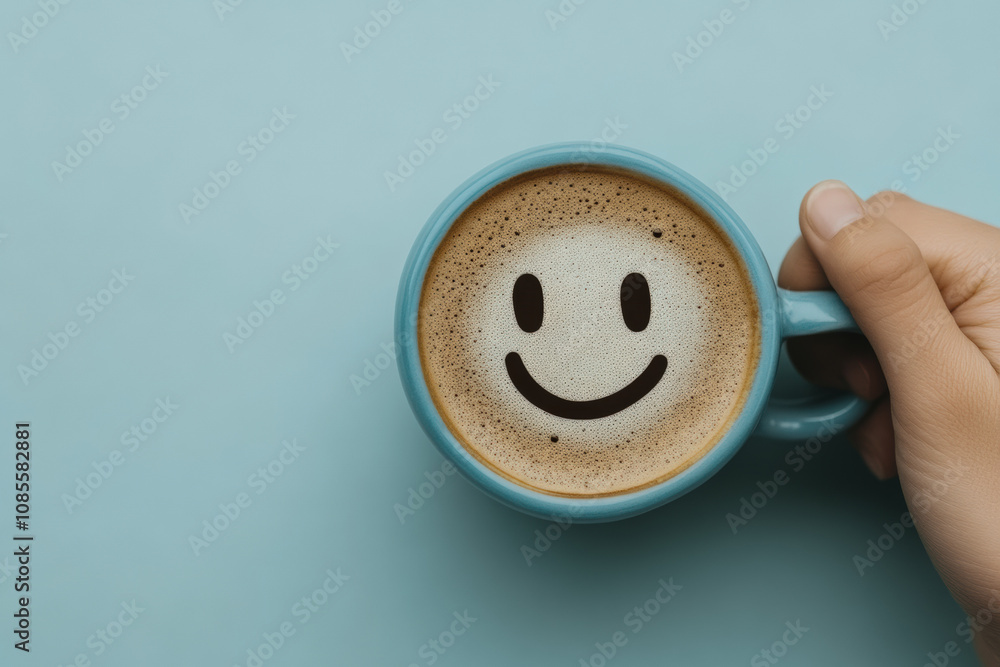 A hand holding a blue coffee cup with a smiley face drawn on it A hand holding a blue coffee cup with a smiley face drawn on it