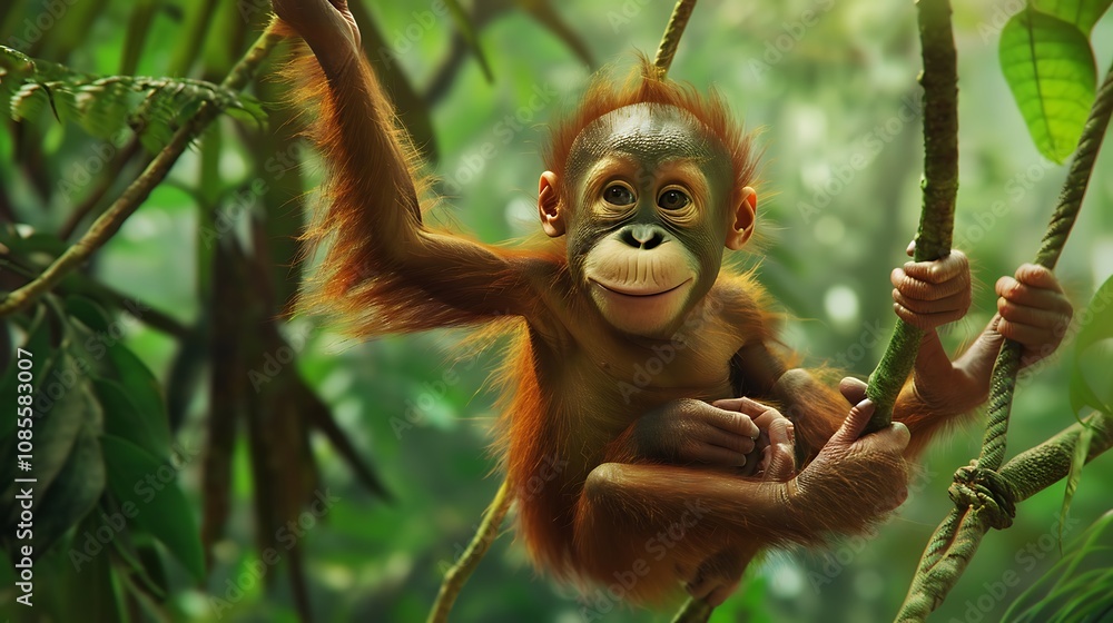Naklejka premium Playful baby monkey swinging from branch to branch in a tropical jungle.
