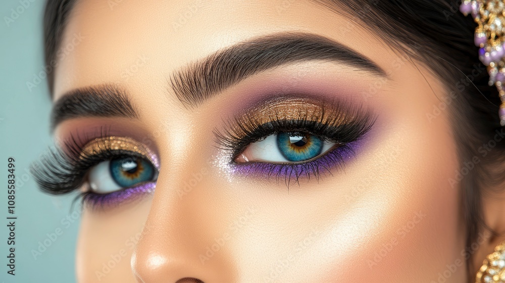 Close-up of a Woman's Eye with Stunning Gold and Purple Eye Makeup Close-up of a Woman's Eye with Stunning Gold and Purple Eye Makeup