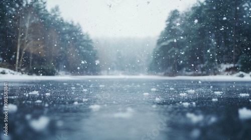 Snowfall over a serene frozen lake in winter.