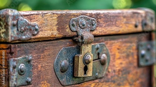 Antique Wooden Chest with Rusty Metal Clasps and Lock