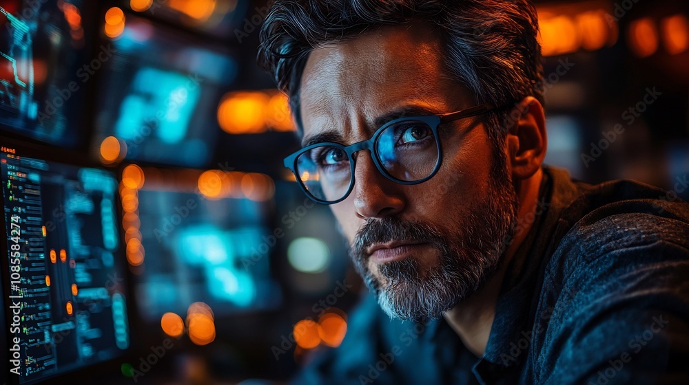 Ethical hacker using workstation filled with transparent screens glowing encryption visuals and network security tools to address vulnerabilities Ethical hacker using workstation filled with transparent screens glowing encryption visuals and network security tools to address vulnerabilities