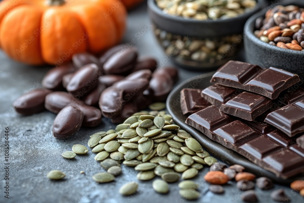 Assorted snacks including chocolate and seeds. Assorted snacks including chocolate and seeds.