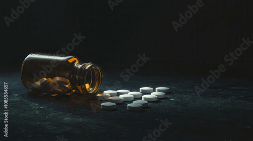 Close-Up of a Spilled Medicine Bottle with White Pills Posed Dramatically on a Dark Surface for Health and Wellness Imagery