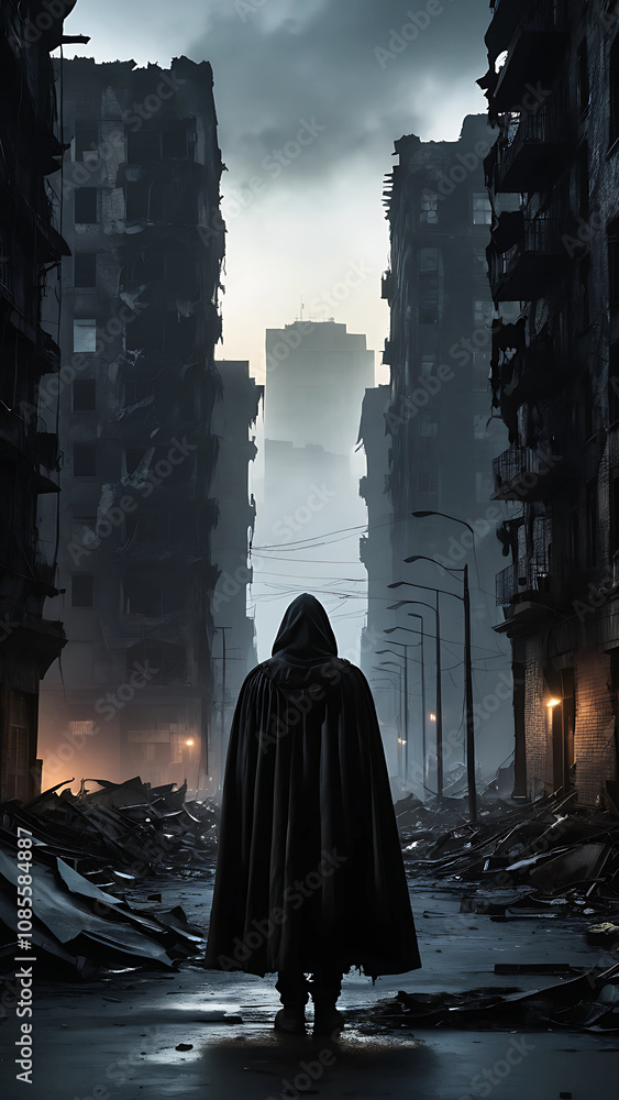 Naklejka premium a desolate, post-apocalyptic cityscape at dusk, with most buildings crumbling, windows shattered, and streetlights flickering dimly, casting long, ominous shadows, while a lone, menacing figure, 