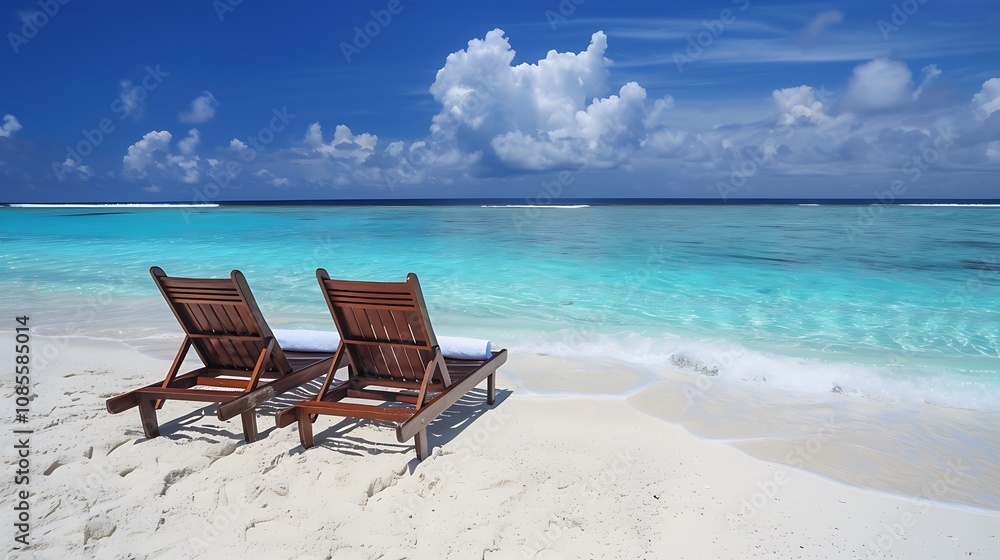 Two wooden loungers on a serene beach with turquoise water and fluffy clouds. Two wooden loungers on a serene beach with turquoise water and fluffy clouds.