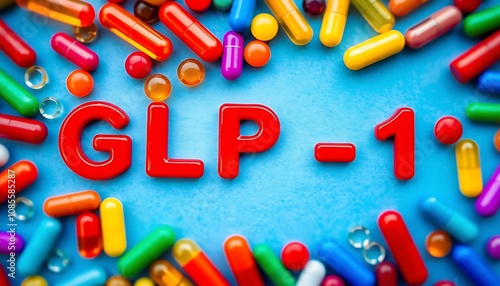 Colorful Pills Surrounding the Term GLP-1, Representing Medication and Treatment Related to GLP-1