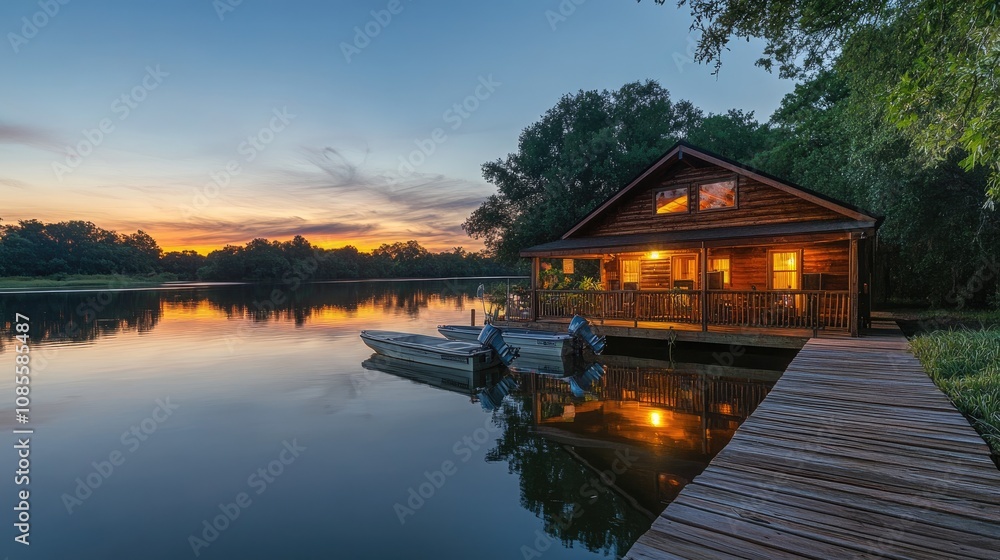 Fototapeta premium Wooden river cabin, docked boat nearby, evening sky 