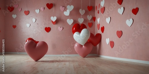 White hearts and many red hearts in the room. The walls are decorated with pink bright colors. Rooms of Love on Valentine`s Day.