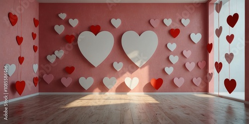 White hearts and many red hearts in the room. The walls are decorated with pink bright colors. Rooms of Love on Valentine`s Day.