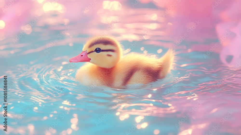 Adorable Duckling Swimming in Pastel Waters with Soft Pink and Blue Reflections Creating a Dreamy Atmosphere Adorable Duckling Swimming in Pastel Waters with Soft Pink and Blue Reflections Creating a Dreamy Atmosphere