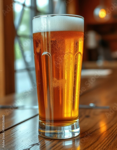 A tall, clear glass filled with a light amber beer rests on a polished wooden surface photo