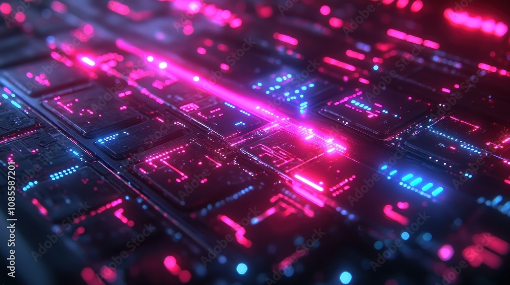 Obraz premium Futuristic circuit board with glowing elements.