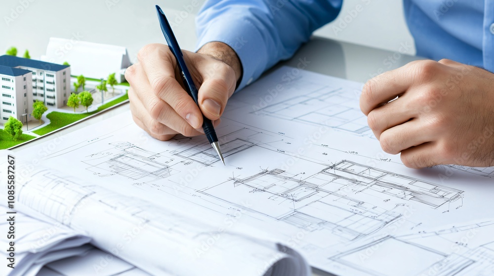 A person sketches architectural plans on blueprints, with a 3D model of a building nearby, showcasing design and planning expertise. A person sketches architectural plans on blueprints, with a 3D model of a building nearby, showcasing design and planning expertise.