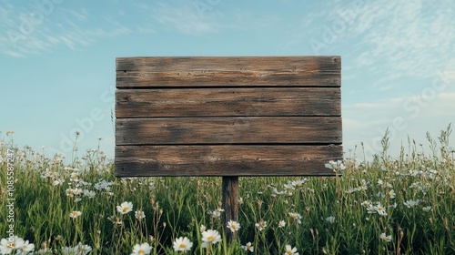 A blank wooden signpost stands in a field of wildflowers under a clear blue sky, inviting creativity and expression. photo