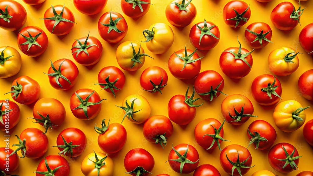 Fototapeta premium Vibrant Red Tomatoes and Yellow Pear Tomatoes Arranged in a Symmetrical Pattern on a Bright Yellow Background