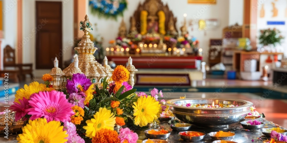 A vibrant floral arrangement with decorative elements in a worship space. A vibrant floral arrangement with decorative elements in a worship space.