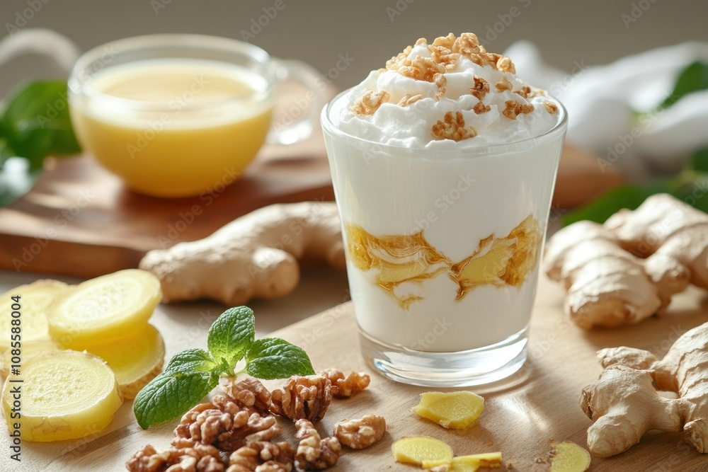 Yogurt parfait with ginger, walnuts, and drink. Yogurt parfait with ginger, walnuts, and drink.