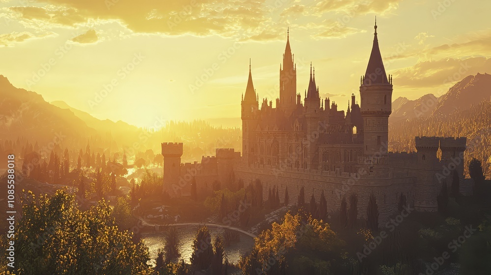 Fototapeta premium Majestic Kingdom at Sunset with Golden Light