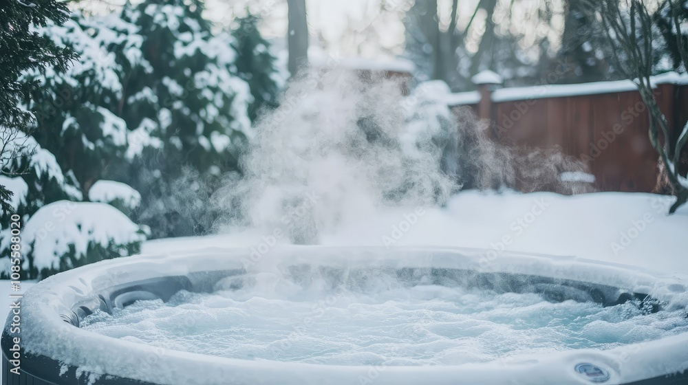 Cozy Hot Tub in Snowy Backyard with Rising Steam Cozy Hot Tub in Snowy Backyard with Rising Steam