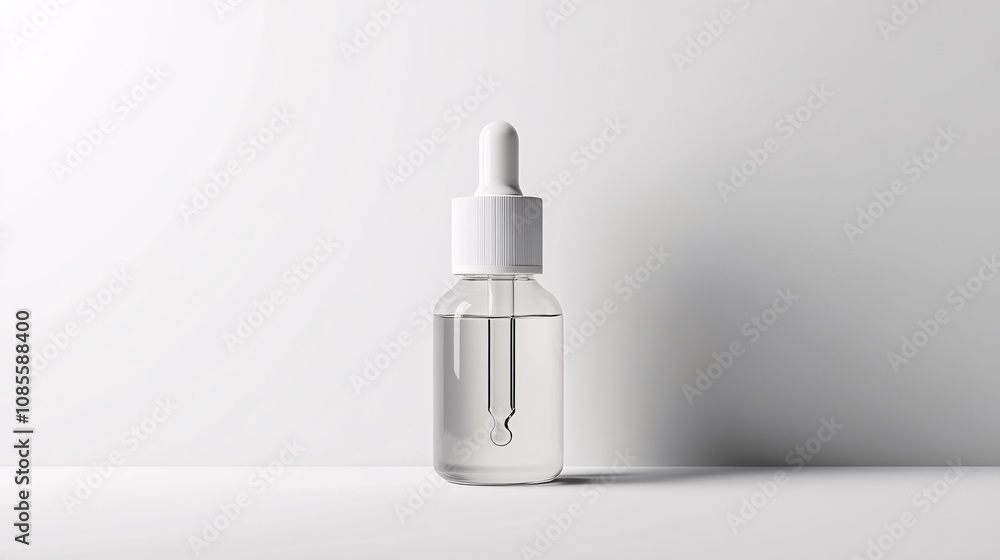 Minimalistic Glass Dropper Bottle on a Soft Gray Background, Empty Dropper Bottle with Clear Liquid, Perfect for Cosmetic Products and Skincare Lines Minimalistic Glass Dropper Bottle on a Soft Gray Background, Empty Dropper Bottle with Clear Liquid, Perfect for Cosmetic Products and Skincare Lines