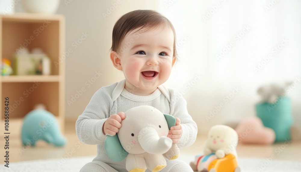 Happy baby playing with a soft elephant toy in a bright, cozy room, enjoying a moment of joy and innocence. Happy baby playing with a soft elephant toy in a bright, cozy room, enjoying a moment of joy and innocence.