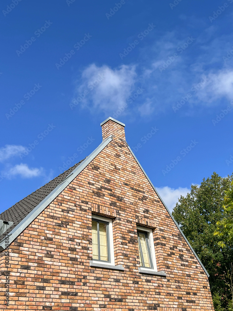 chimney and roof of a brick house over blue sky chimney and roof of a brick house over blue sky