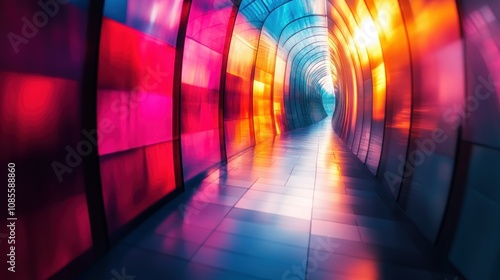 Colorful illuminated tunnel with reflective surfaces.